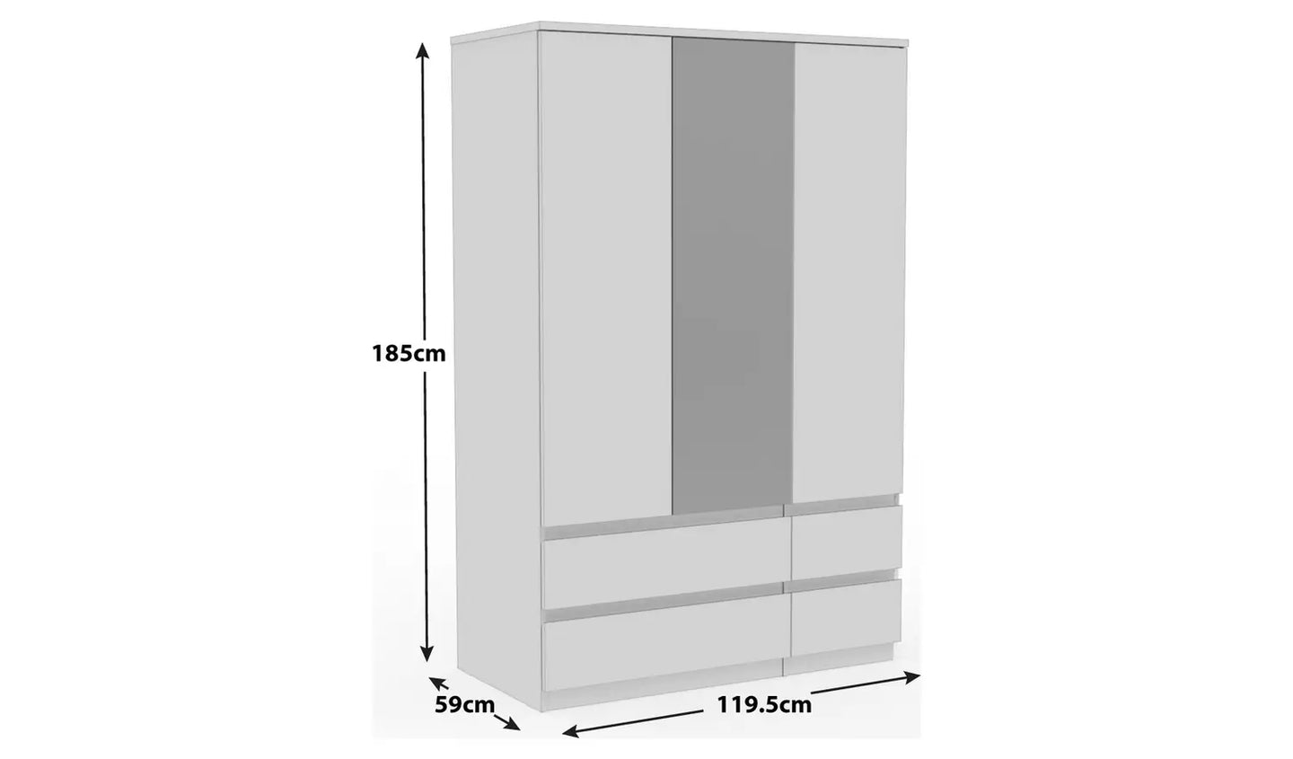 Jenson 3 Door 4 Drawer Mirror Wardrobe - White Gloss
